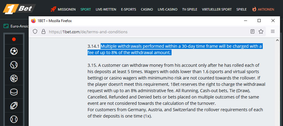 1Bet AGB - Gebühren