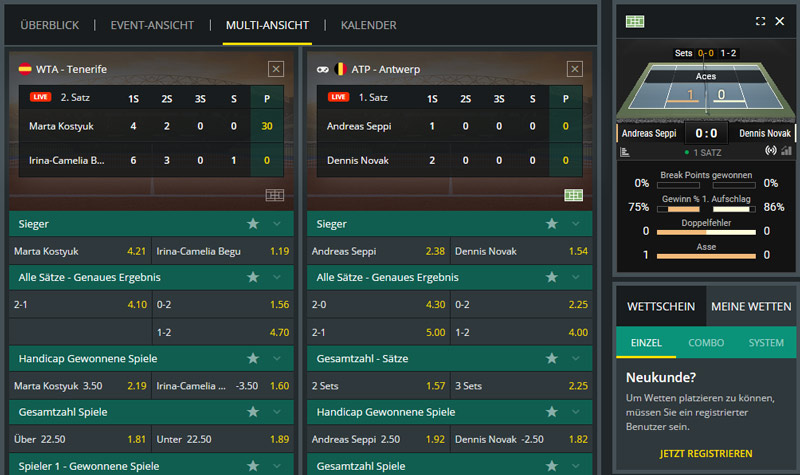 Liveevents bei 1Bet in der Multi-Ansicht.