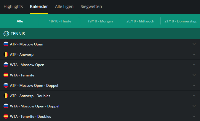 Auszug aus dem Tenniswetten-Kalender bei 1Bet.
