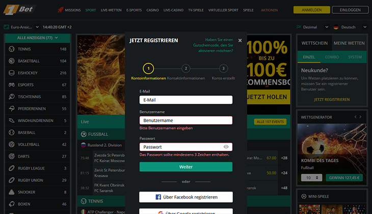 1Bet Registrierung