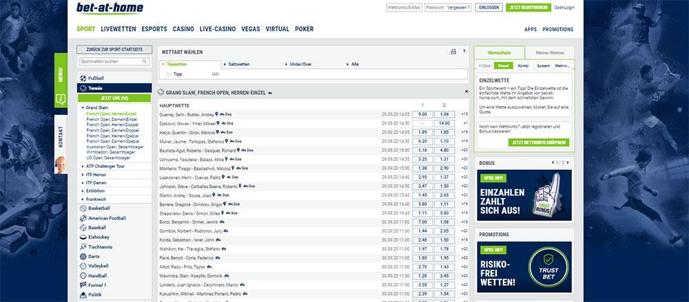 Screenshot der French Open Wetten beim Buchmacher Bet-at-home