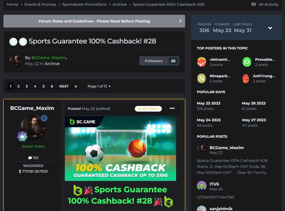 Beispiel für ein Bonusangebot im Forum von BC.Game
