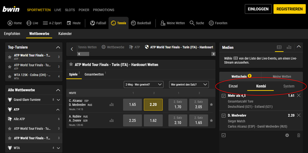 Unterschiedliche Arten von Wetten beim Tennis: Einzelwette, Kombiwette oder Systemwetten (Screenshot Bwin.de)