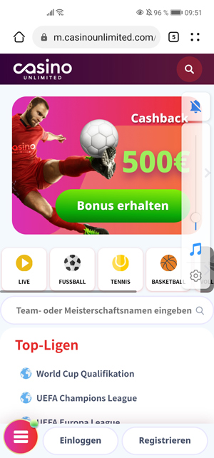 So sieht die Seite von Casino Unlimited auf einem Android-Phone aus. Das Laden hat hier problemlos funktioniert.