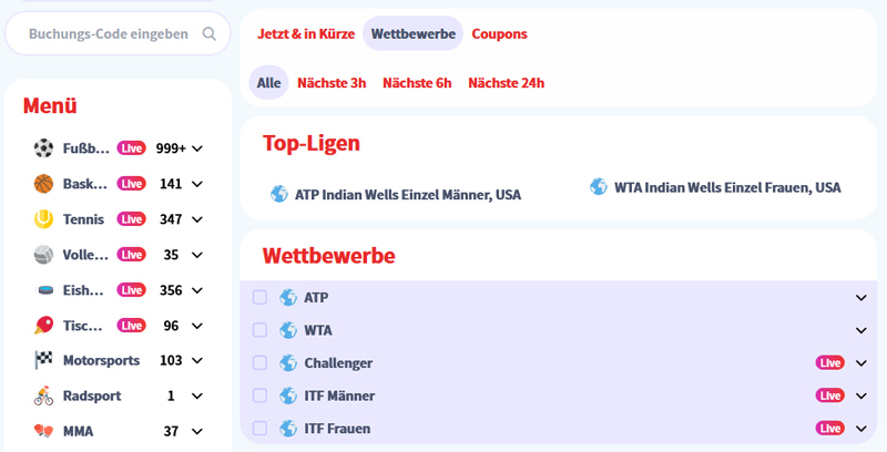 Screenshot aus dem Tenniswettangebot bei Casino Unlimited.