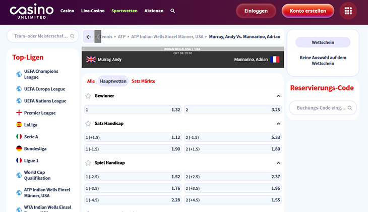 Casino Unlimited Tenniswetten: Murray vs. Mannarino