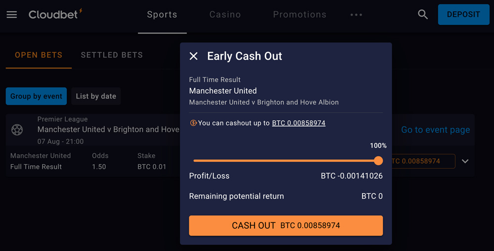 Die Cash Out Funktion bei Cloudbet - Beispiel.