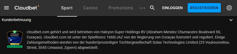 Beispiel für eine im Footer der Wettseite ausgewiesene Lizenz.