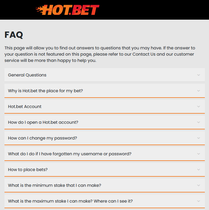 Die FAQ von Hot.Bet sind auf Englisch verfasst.