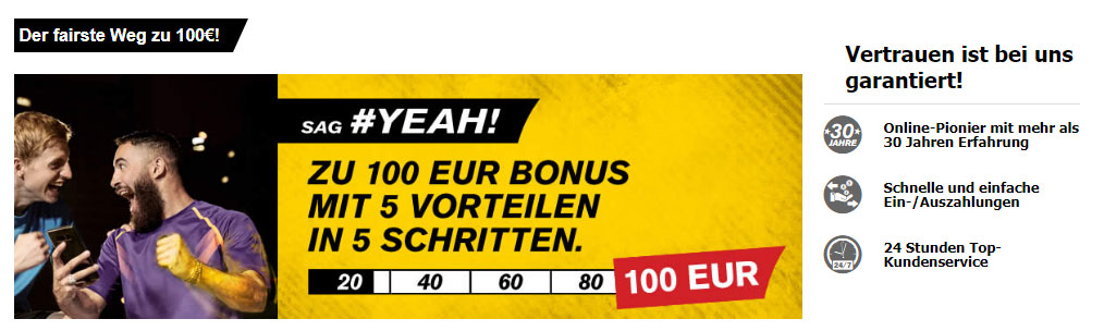 Screenshot von der IW Wettseite: Der Interwetten Bonus für Neukunden beträgt 100 Euro und wird in 5 Schritten freigespielt! 