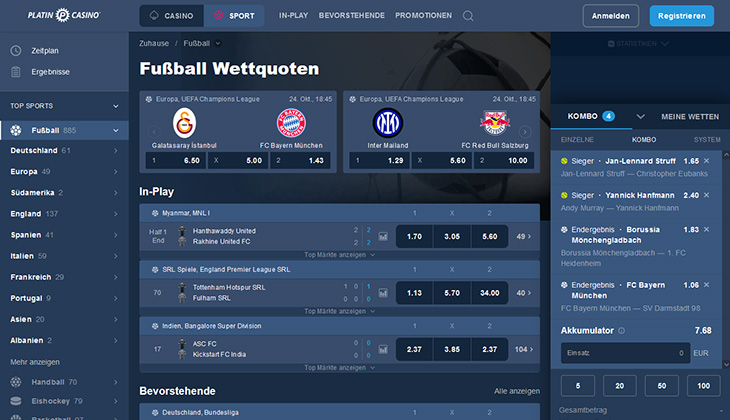 Platincasino Fussball Wettquoten