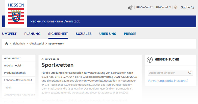 Screenshot der Homepage des Regierungspräsidiums Darmstadt, als es noch für die Vergabe von Sportwettenlizenzen zuständig war.