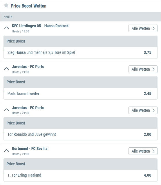 Verbesserte Quotenangebote gibt es für Einzeltipps (bspw. „Porto kommt weiter