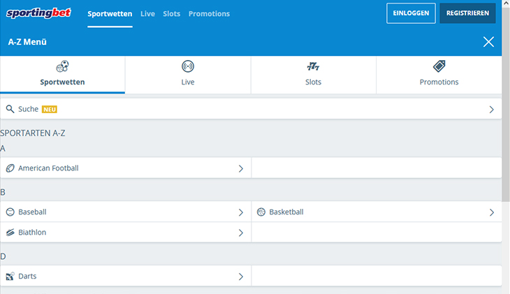 Sportingbet Sportarten Menü
