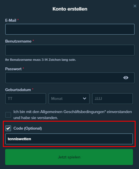 So funktioniert's: Im Registrierungsformular Häkchen bei "Code" setzen und den Bonuscode "tenniswetten" angeben.